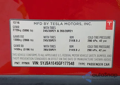 2016 Tesla Model S 90D/P100D/P85D/P90D from USA, damaged, VIN 5YJSA1E45GF177548